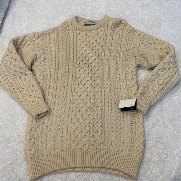 NWT Irish Traditional Hand Knit Cream Wool Cable Knit Sweater Fisherman Style XL - Picture 2 of 6